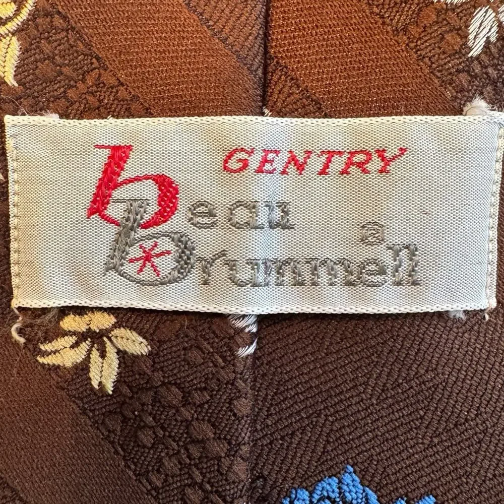 Vintage Gentry Beau Brummell Men's Repp Necktie Brown & Blue Floral Polyester